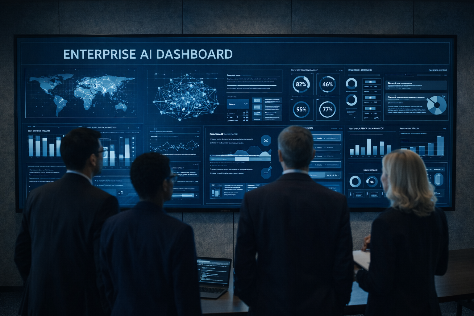 Executives facing a large enterprise AI dashboard showing portfolio analytics and performance metrics